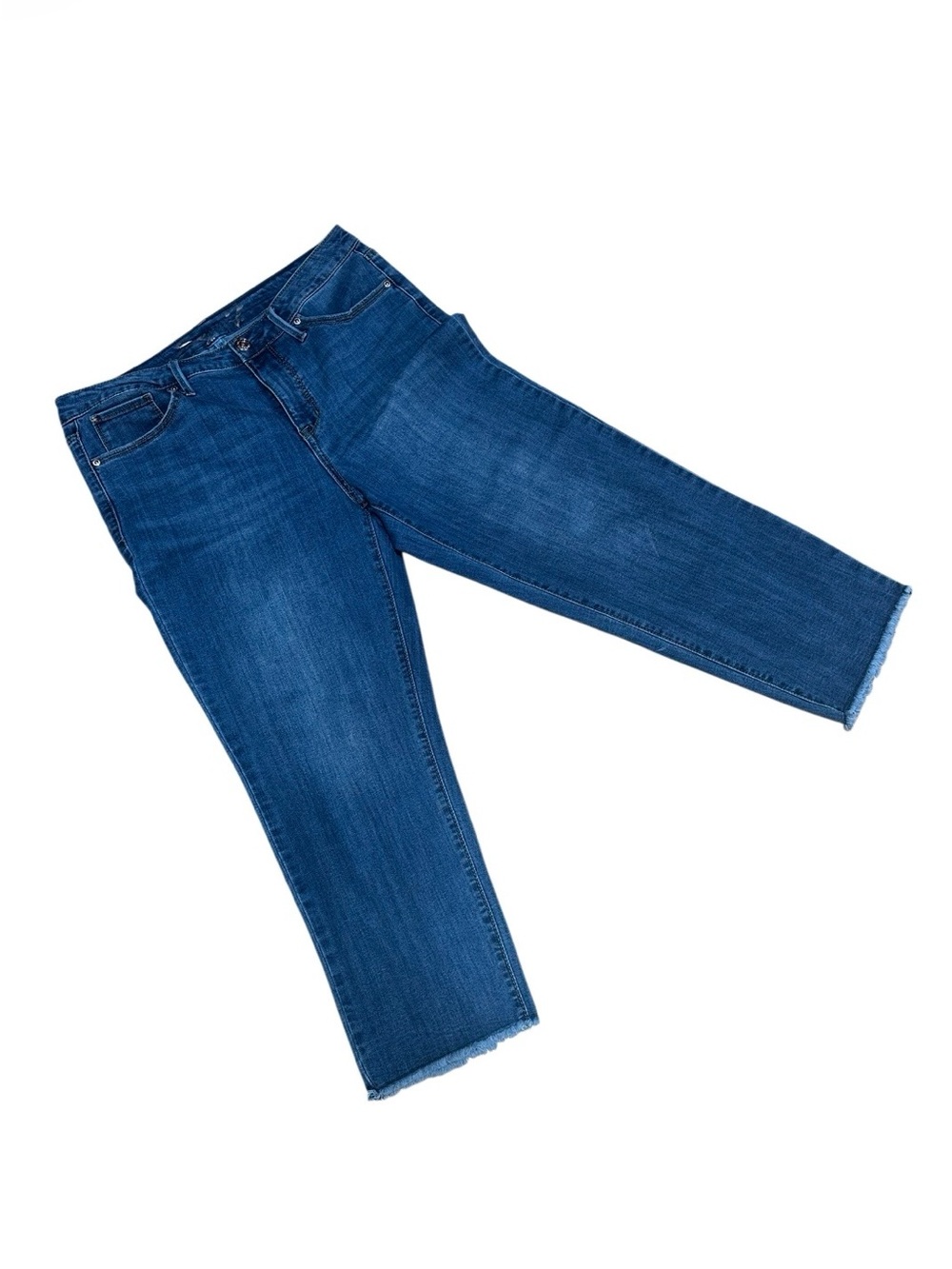 Seven7 Women’s Tower Straight Crop Medium Wash Blue Raw Hem Size 12